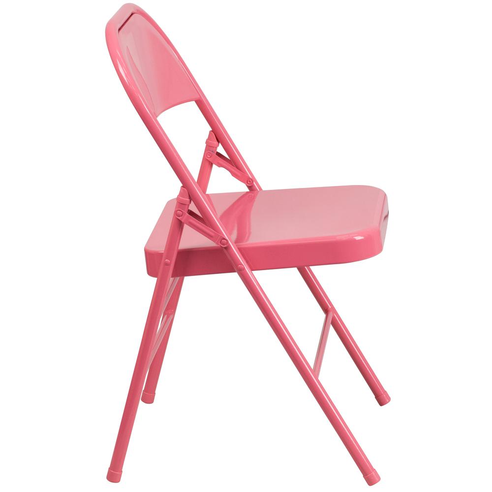 Bubblegum Pink Triple Braced & Double Hinged Metal Folding Chair. Picture 4