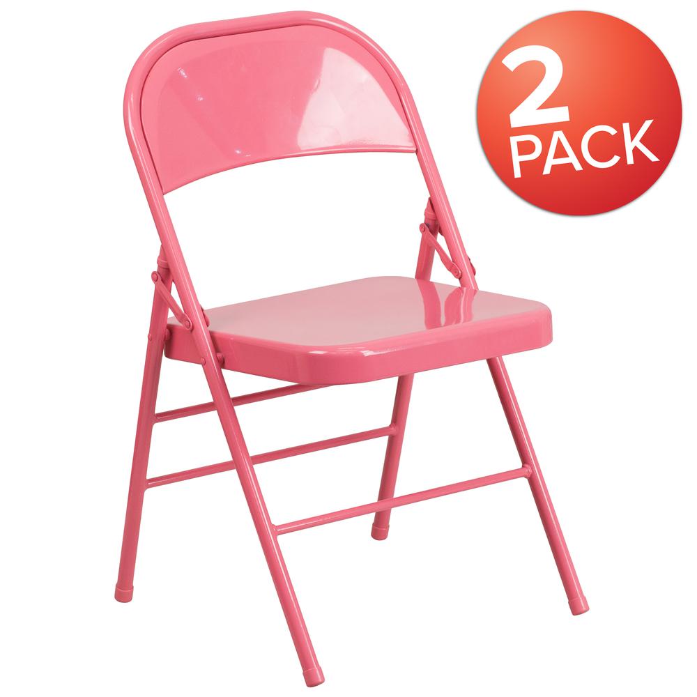 Bubblegum Pink Triple Braced & Double Hinged Metal Folding Chair. Picture 9