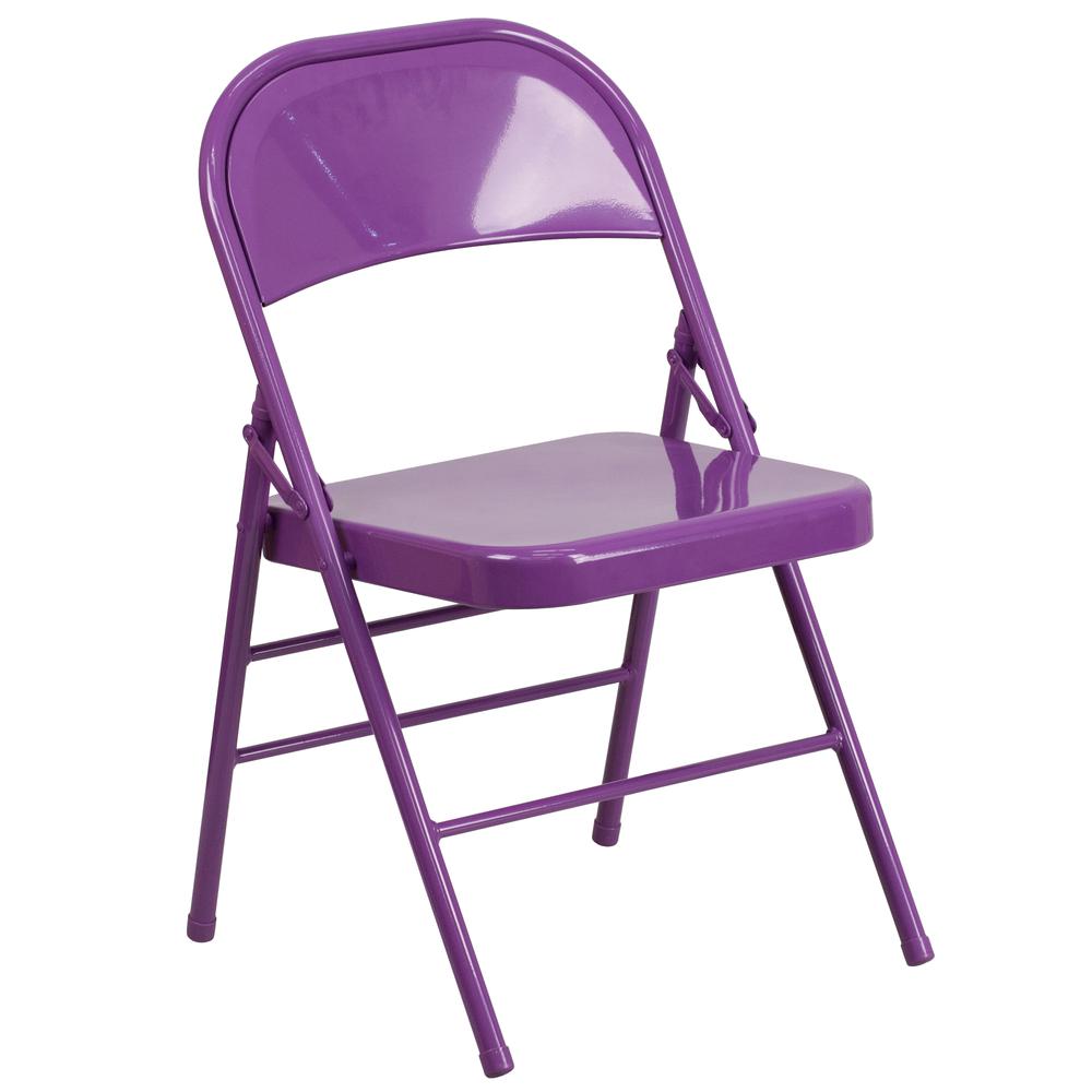 Impulsive Purple Triple Braced & Double Hinged Metal Folding Chair. Picture 3