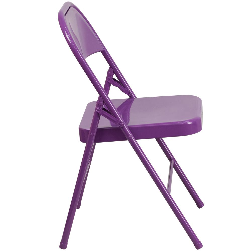 Impulsive Purple Triple Braced & Double Hinged Metal Folding Chair. Picture 4