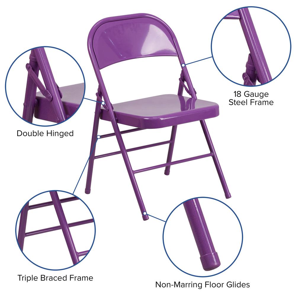 Impulsive Purple Triple Braced & Double Hinged Metal Folding Chair. Picture 7