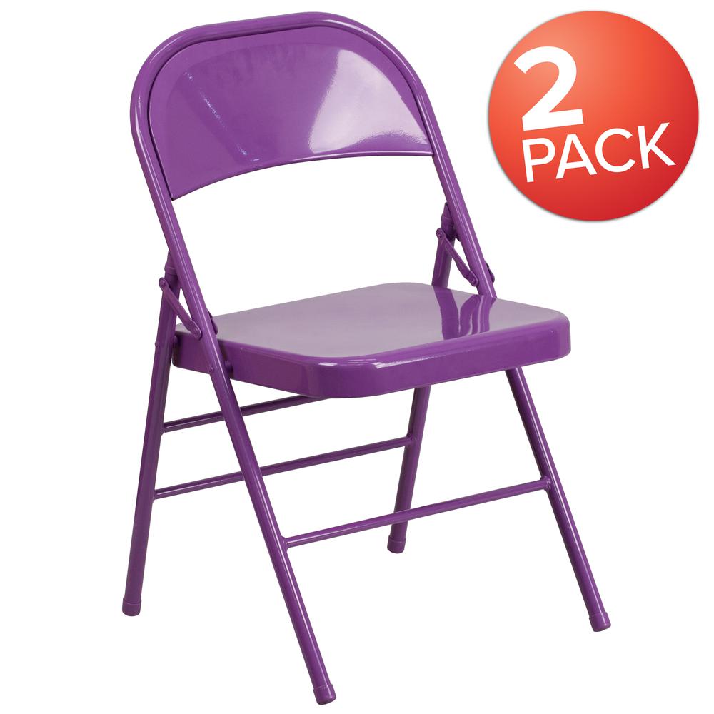 Impulsive Purple Triple Braced & Double Hinged Metal Folding Chair. Picture 9