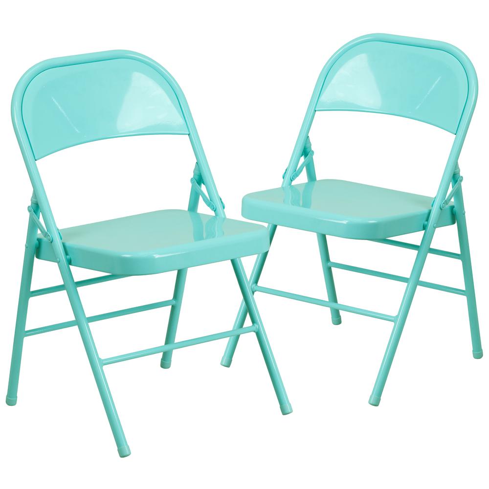 Tantalizing Teal Triple Braced & Double Hinged Metal Folding Chair. Picture 1