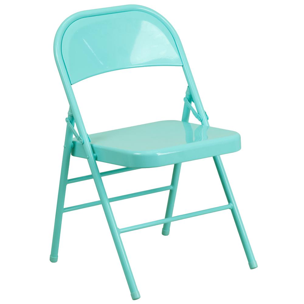 Tantalizing Teal Triple Braced & Double Hinged Metal Folding Chair. Picture 3