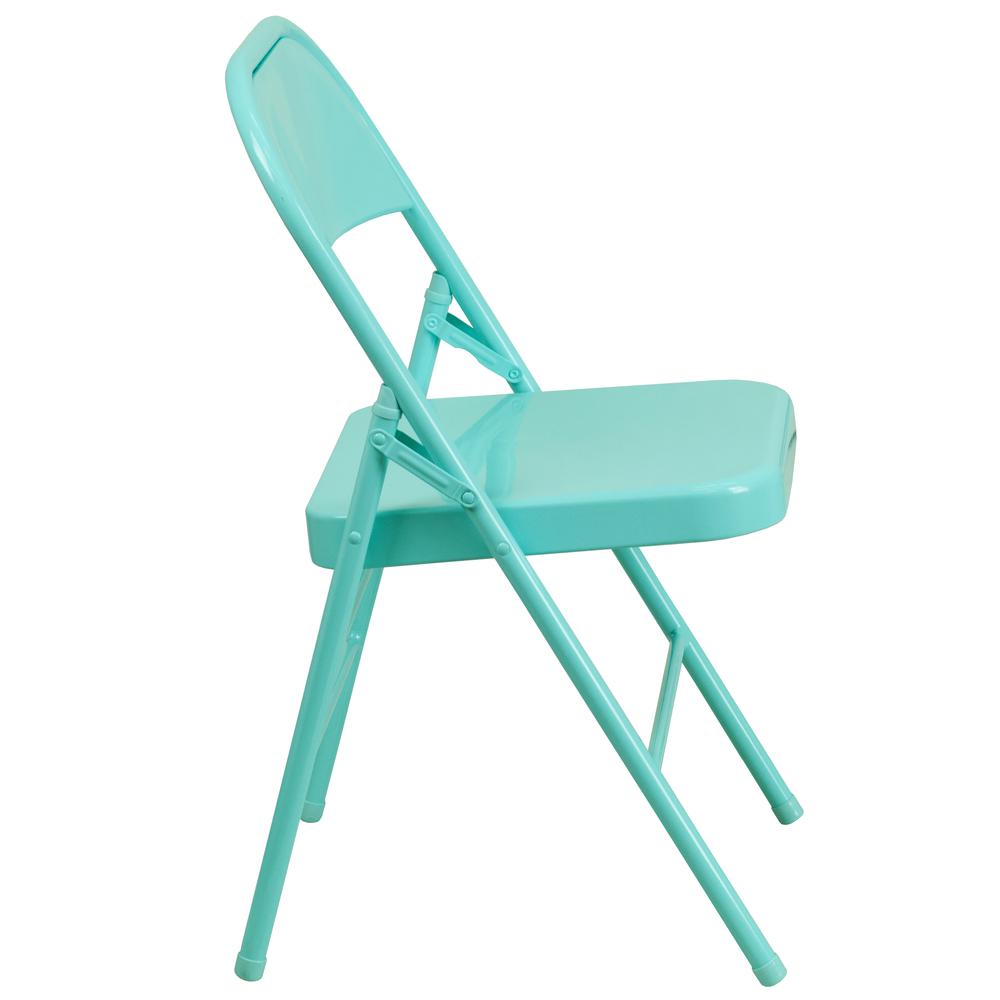 Tantalizing Teal Triple Braced & Double Hinged Metal Folding Chair. Picture 4