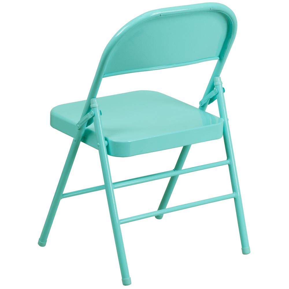 Tantalizing Teal Triple Braced & Double Hinged Metal Folding Chair. Picture 5