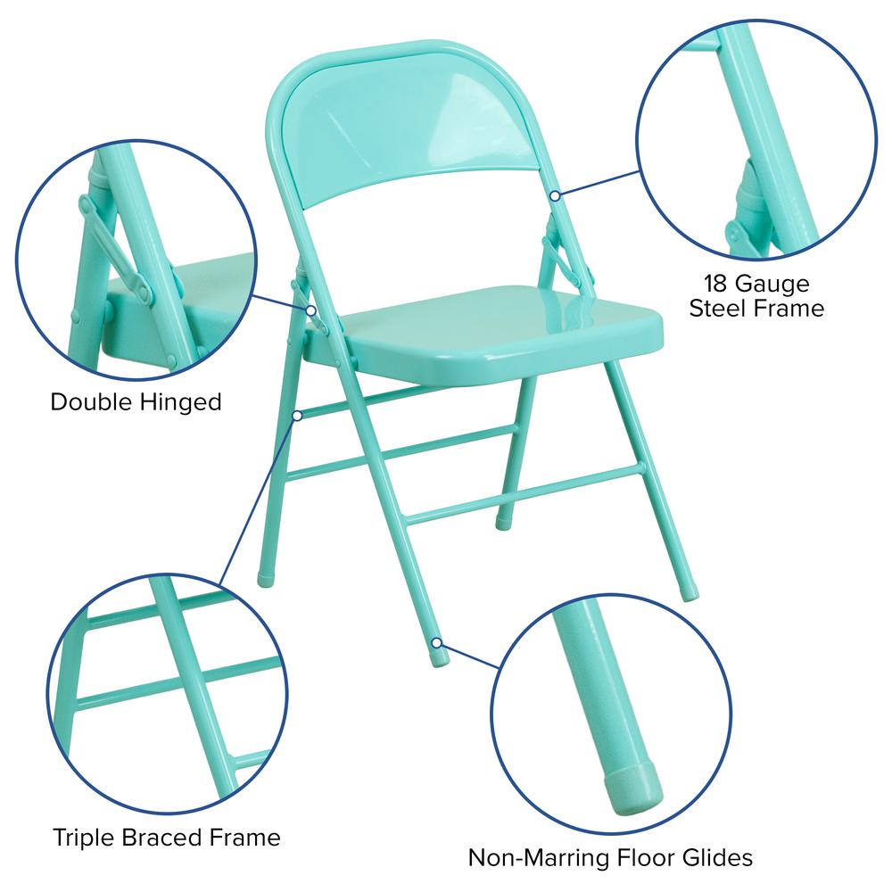 Tantalizing Teal Triple Braced & Double Hinged Metal Folding Chair. Picture 7