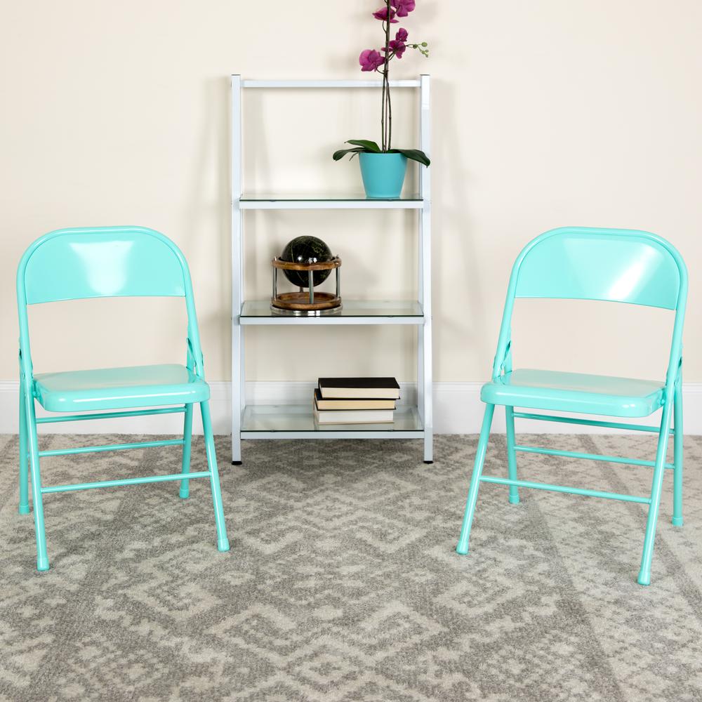 Tantalizing Teal Triple Braced & Double Hinged Metal Folding Chair. Picture 8