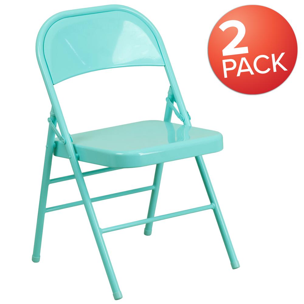 Tantalizing Teal Triple Braced & Double Hinged Metal Folding Chair. Picture 9