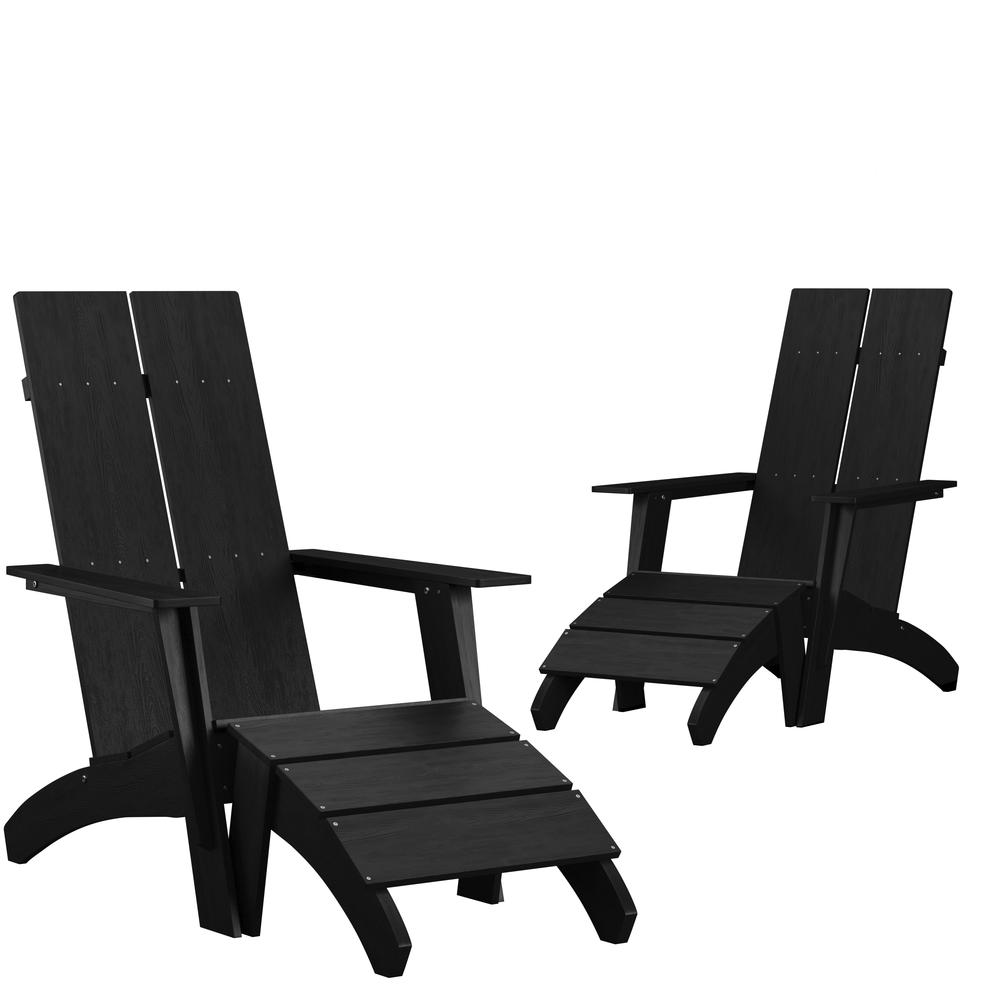 Set of 2 All-Weather Poly Resin Wood Adirondack Chairs with Foot Rests in Black. Picture 3