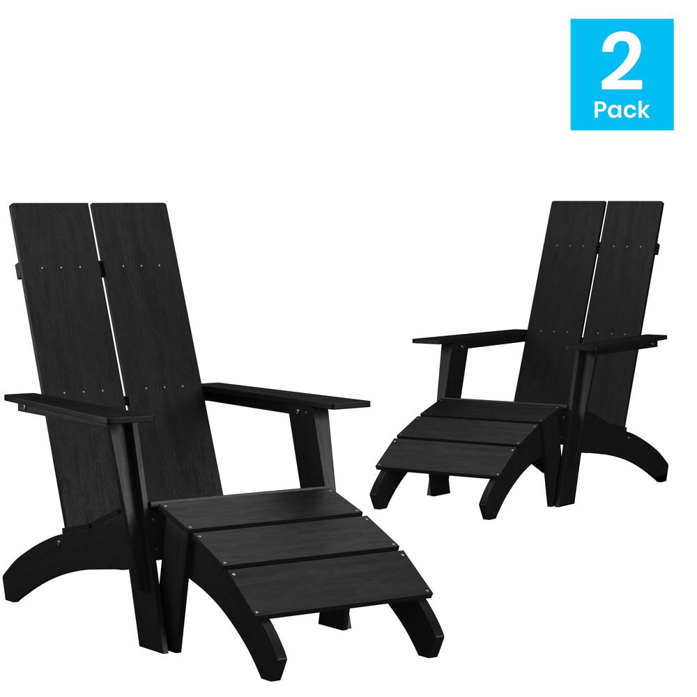 Set of 2 All-Weather Poly Resin Wood Adirondack Chairs with Foot Rests in Black. Picture 1