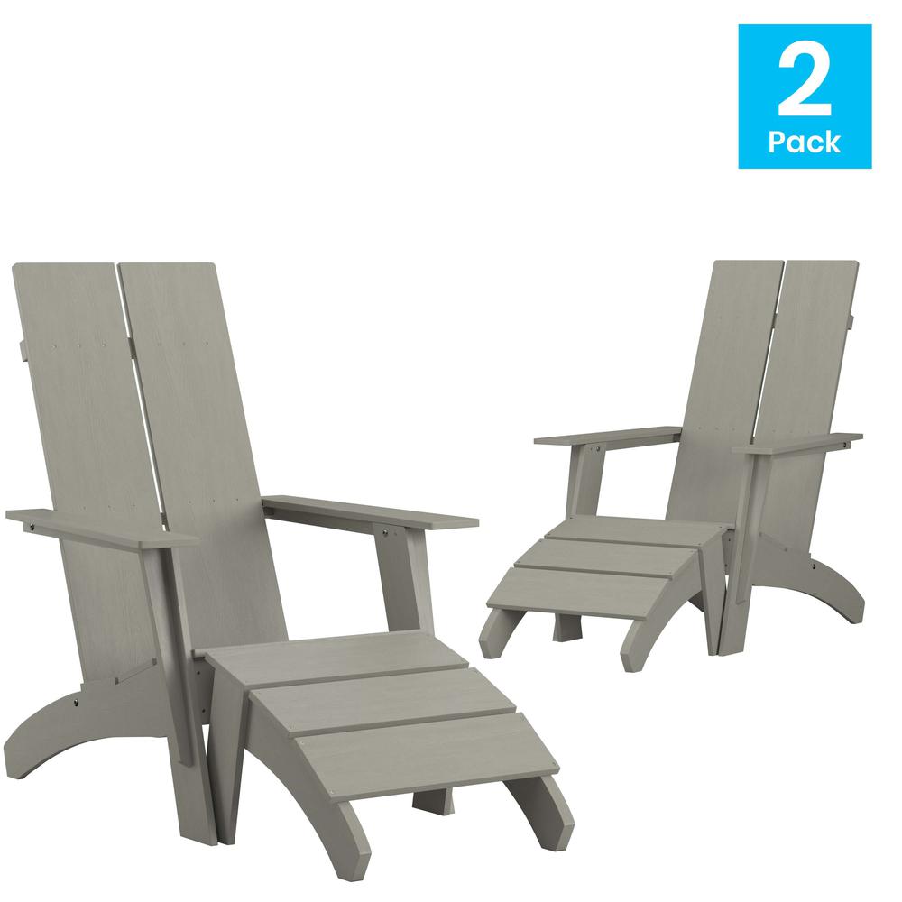 Set of 2 Sawyer Modern All-Weather Poly Resin Wood Adirondack Chairs with Foot Rests in Gray. Picture 1