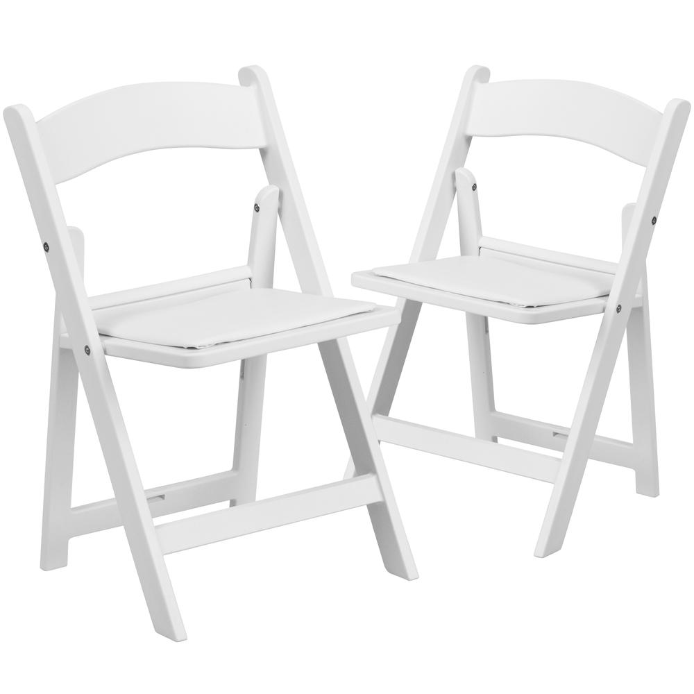 Kids White Resin Folding Chair with White Vinyl Padded Seat. Picture 1