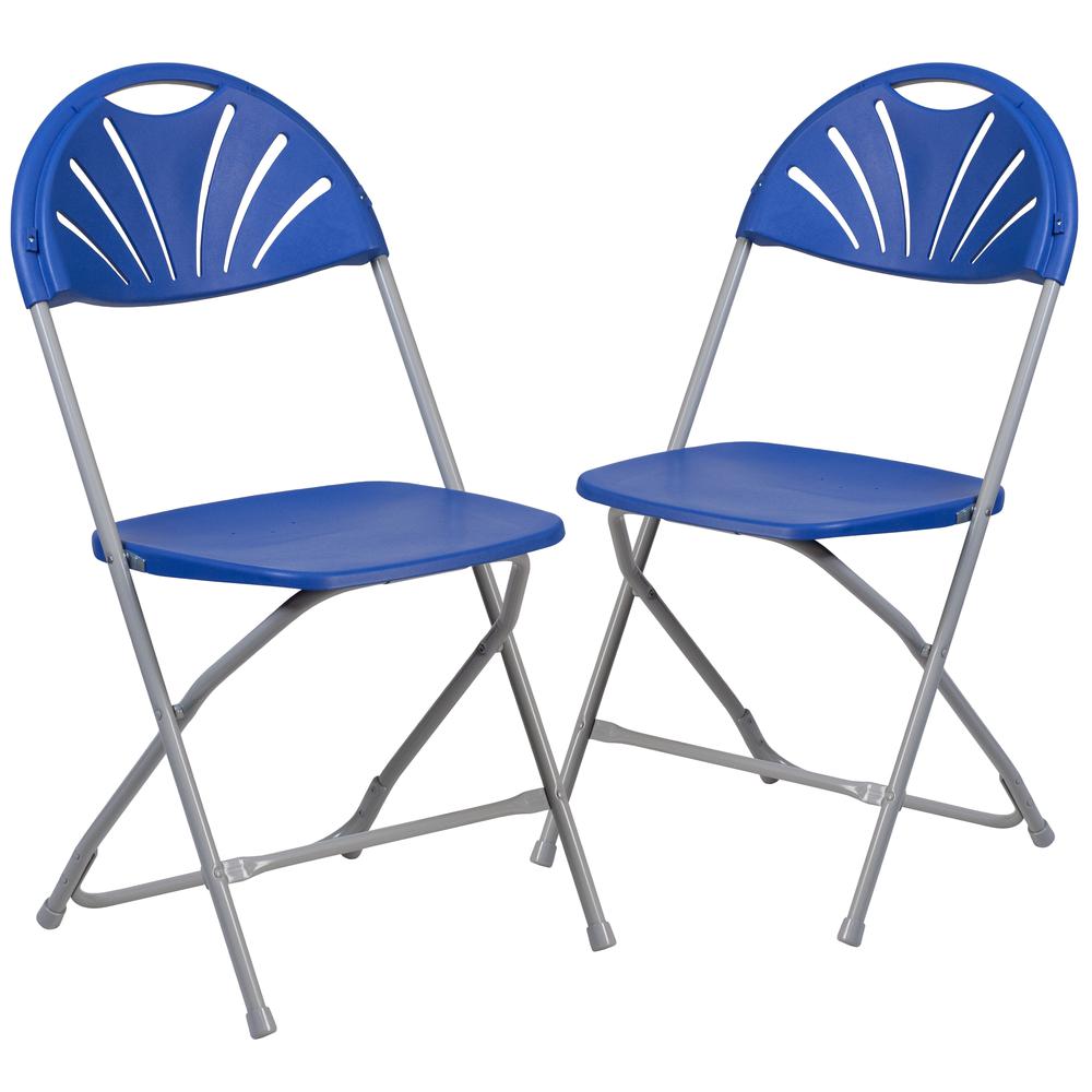 650 lb. Capacity Blue Plastic Fan Back Folding Chair. Picture 1