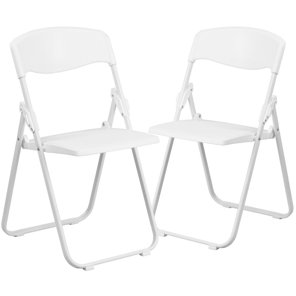 500 lb. Capacity Heavy Duty White Plastic Folding Chair with Built-in Ganging Brackets. Picture 1