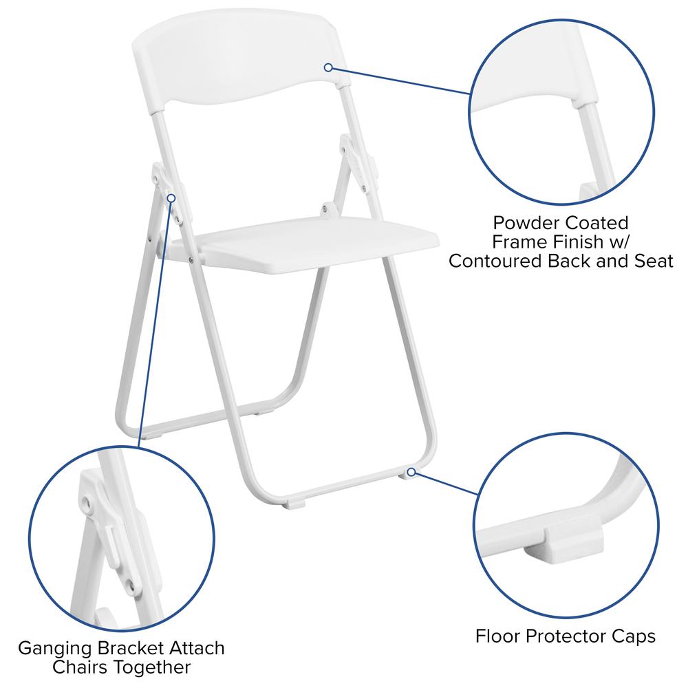500 lb. Capacity Heavy Duty White Plastic Folding Chair with Built-in Ganging Brackets. Picture 8
