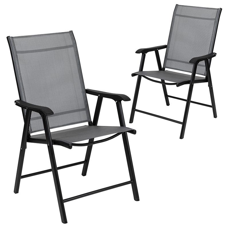 Gray Outdoor Folding Patio Sling Chair with Black Frame (2 Pack). Picture 3
