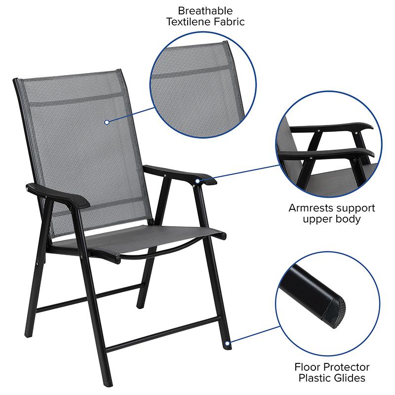 Gray Outdoor Folding Patio Sling Chair with Black Frame (2 Pack). Picture 5