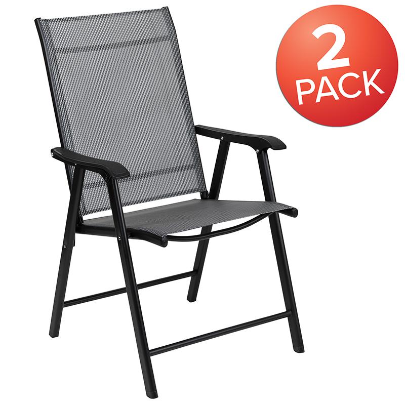 Gray Outdoor Folding Patio Sling Chair with Black Frame (2 Pack). Picture 1