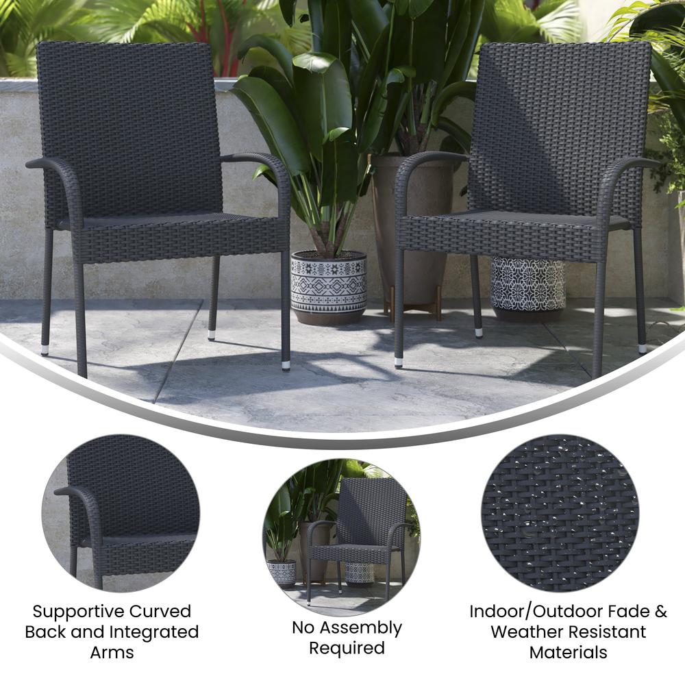 Modern Indoor/Outdoor Stackable Wicker Patio Chairs with Arms - Set of 2. Picture 8