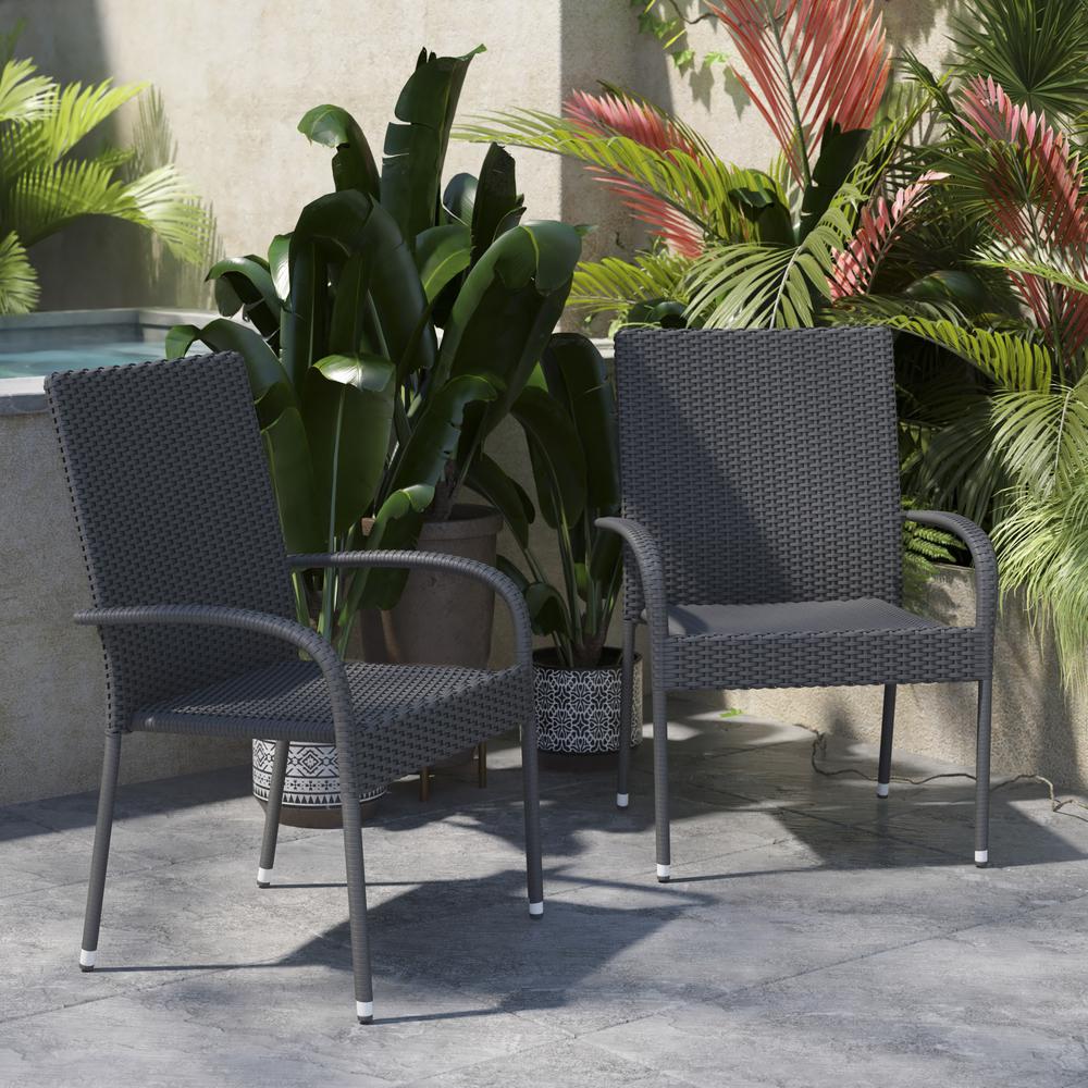Modern Indoor/Outdoor Stackable Wicker Patio Chairs with Arms - Set of 2. Picture 4