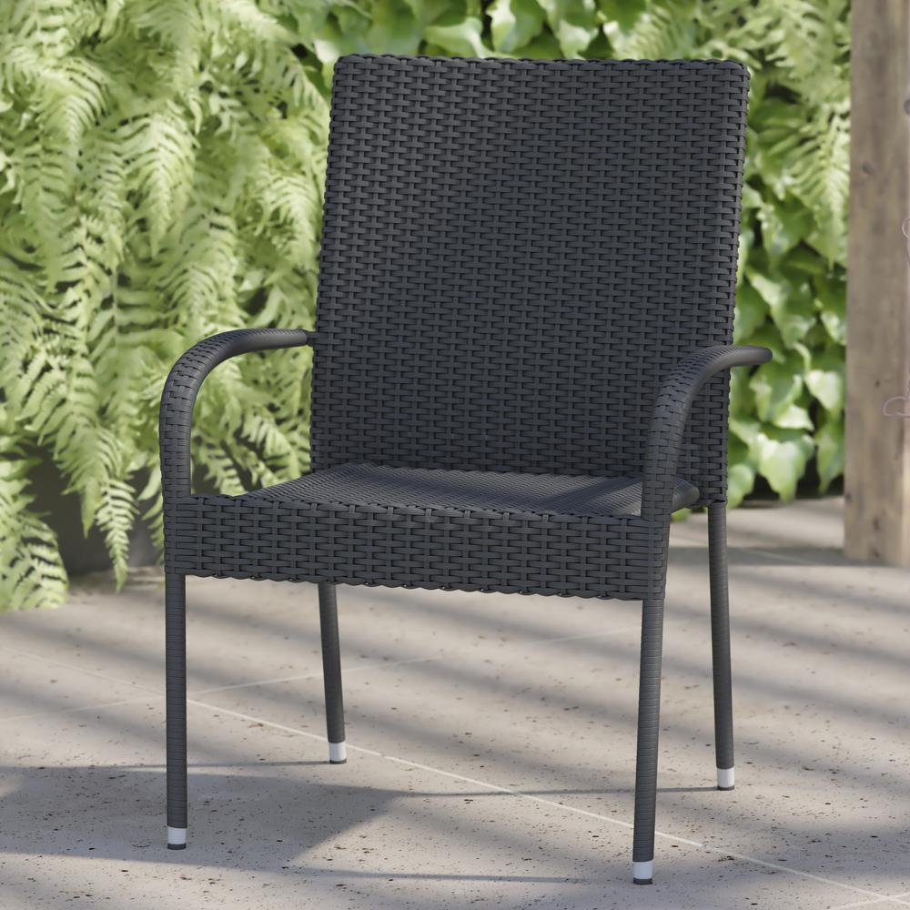 Modern Indoor/Outdoor Stackable Wicker Patio Chairs with Arms - Set of 2. Picture 5