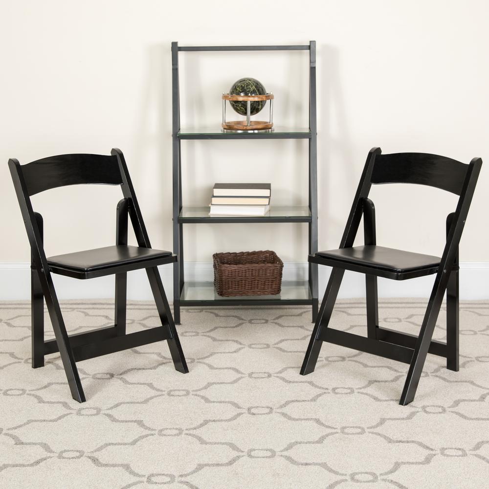 Black Wood Folding Chair with Vinyl Padded Seat. Picture 8