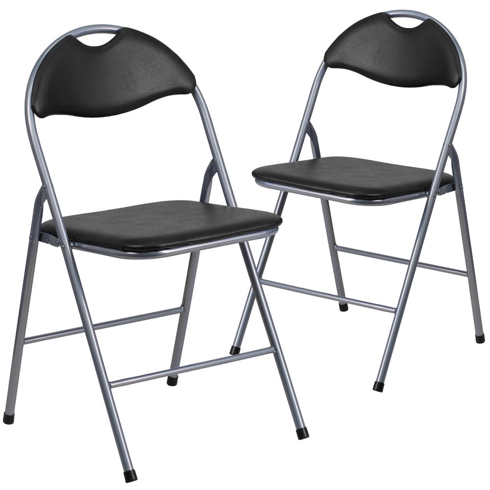 Black Vinyl Metal Folding Chair with Carrying Handle. Picture 1