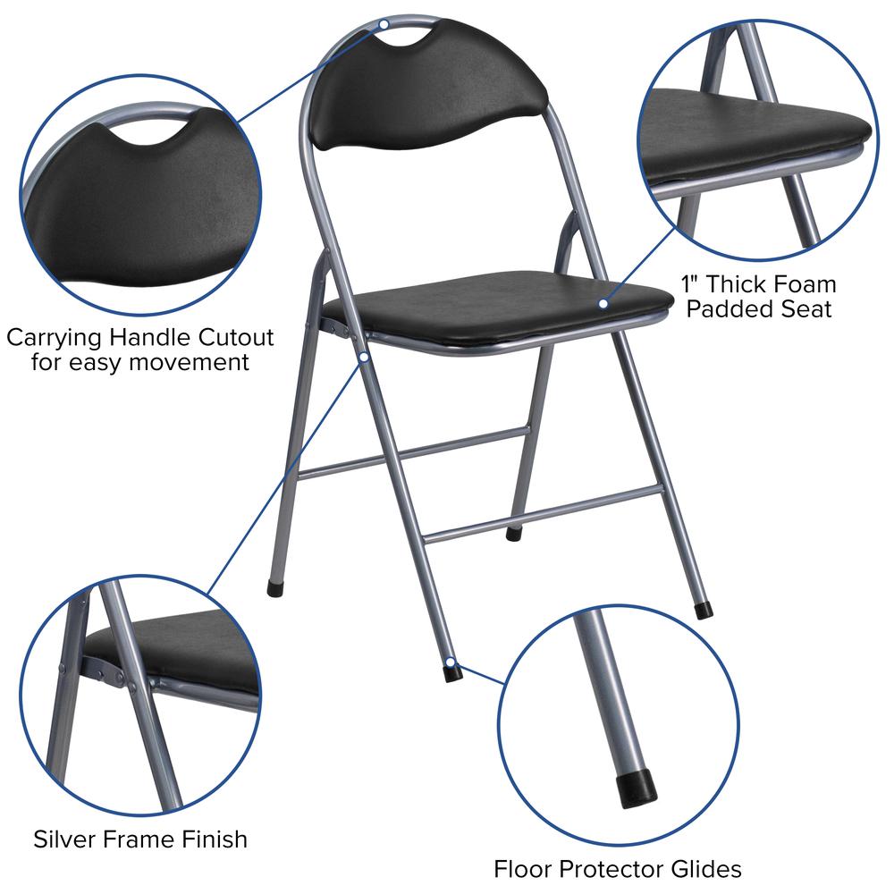 Black Vinyl Metal Folding Chair with Carrying Handle. Picture 6