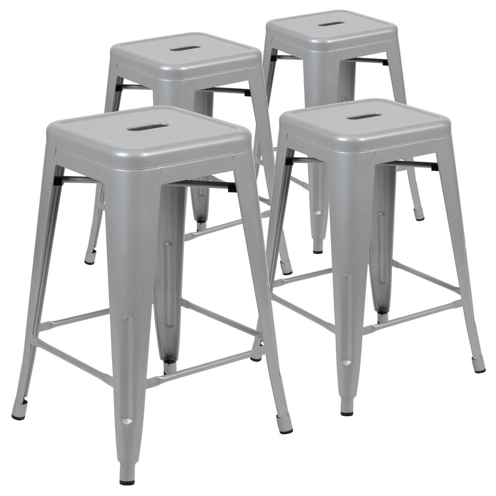 Modern Industrial Metal Stool in Silver. Picture 6