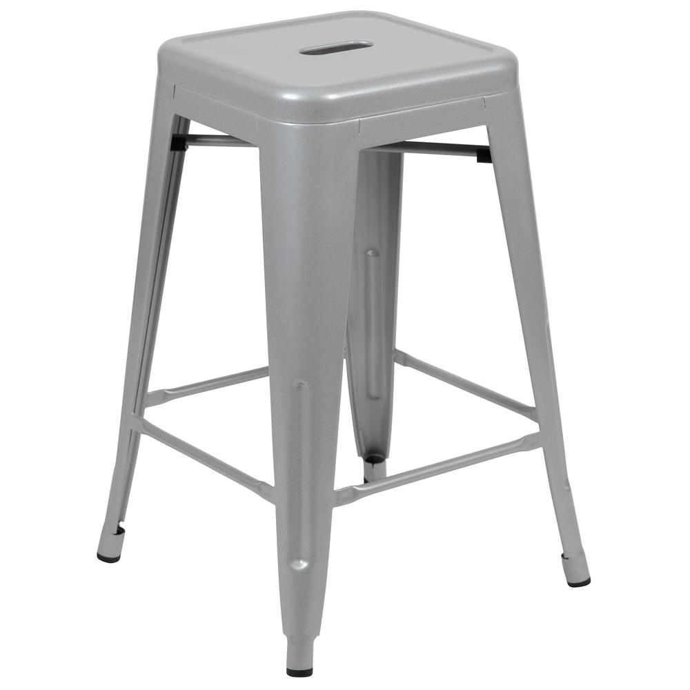 Modern Industrial Metal Stool in Silver. Picture 3