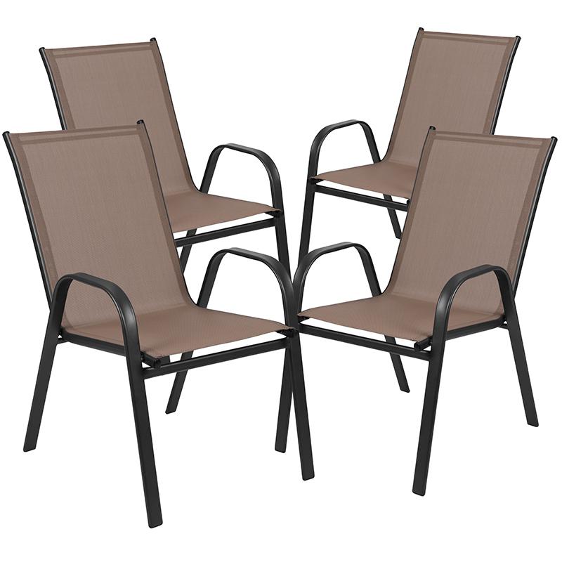 4 Pack Brown Outdoor Stack Chair with Flex Comfort Material and Metal Frame. Picture 3