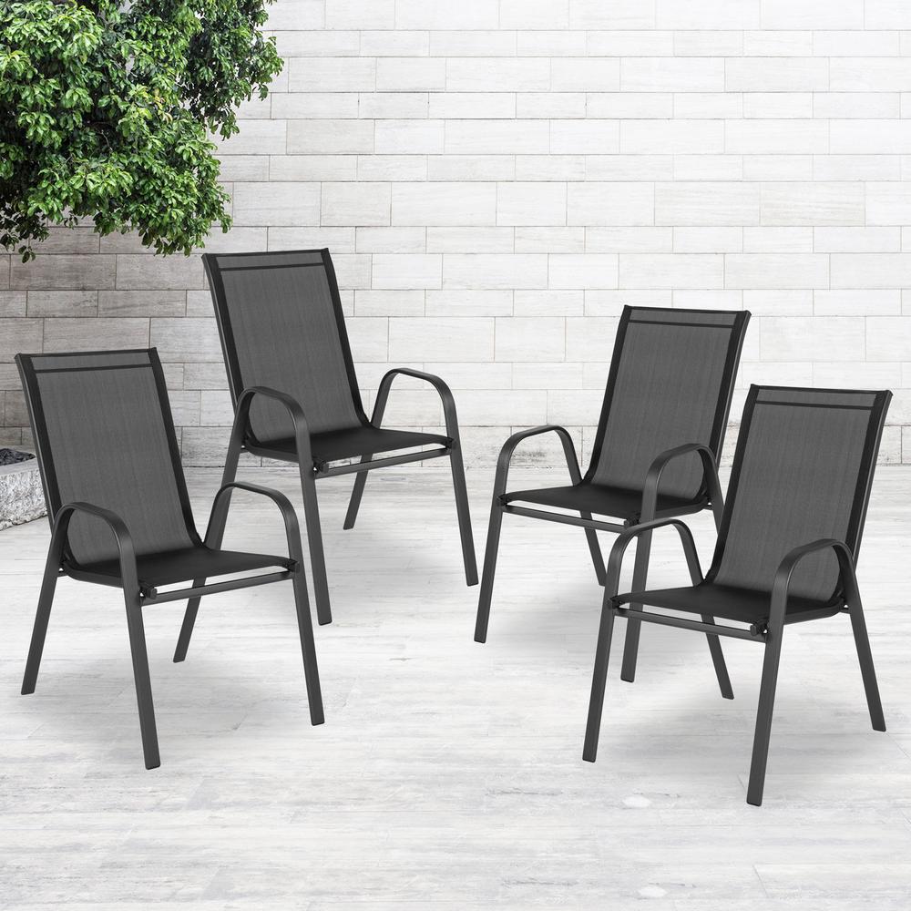 4 Pack Black Outdoor Stack Chair with Flex Comfort Material and Metal Frame. Picture 1