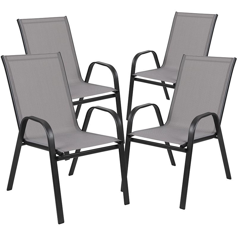 4 Pack Gray Outdoor Stack Chair with Flex Comfort Material and Metal Frame. Picture 3
