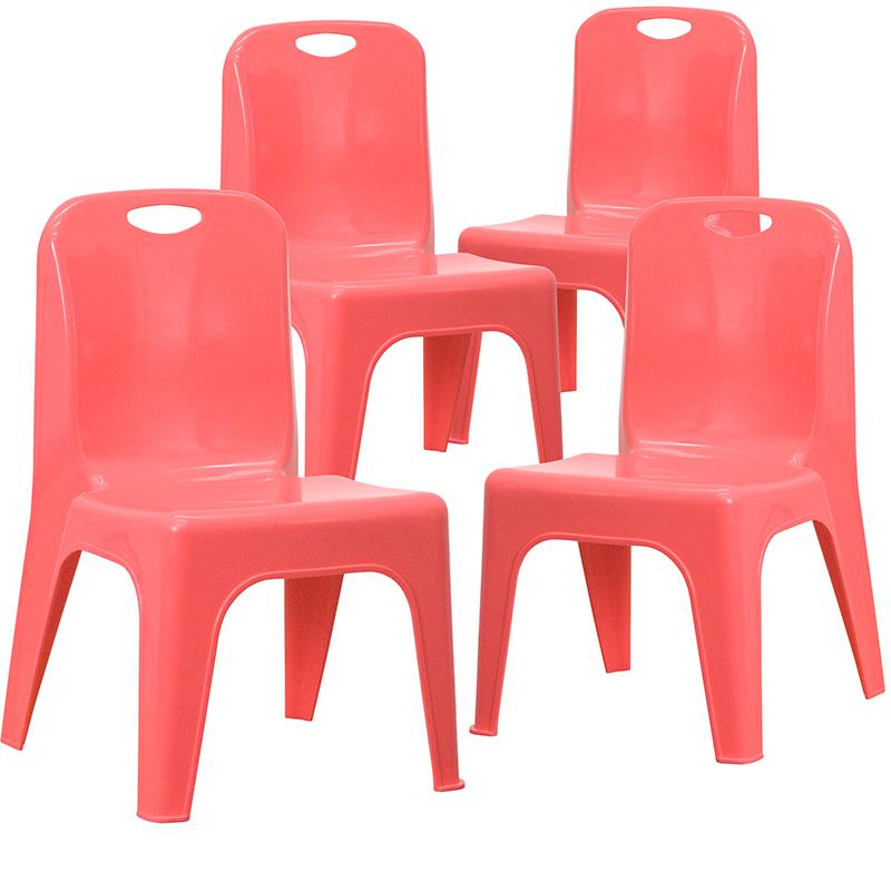 4 Pack Red Plastic Stackable School Chair with Carrying Handle and 11'' Seat Height. Picture 3