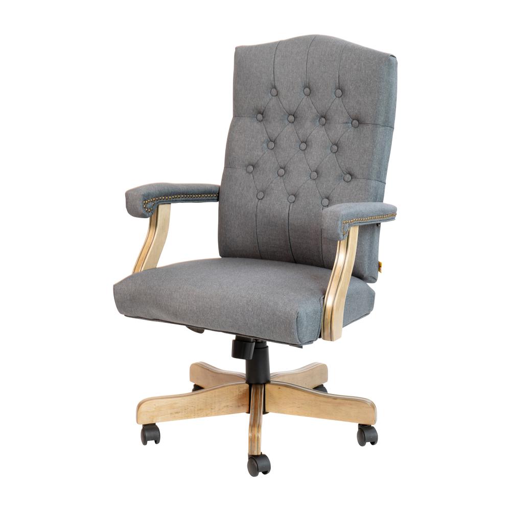 Gray Fabric Classic Executive Swivel Office Chair with Driftwood Arms and Base. Picture 2
