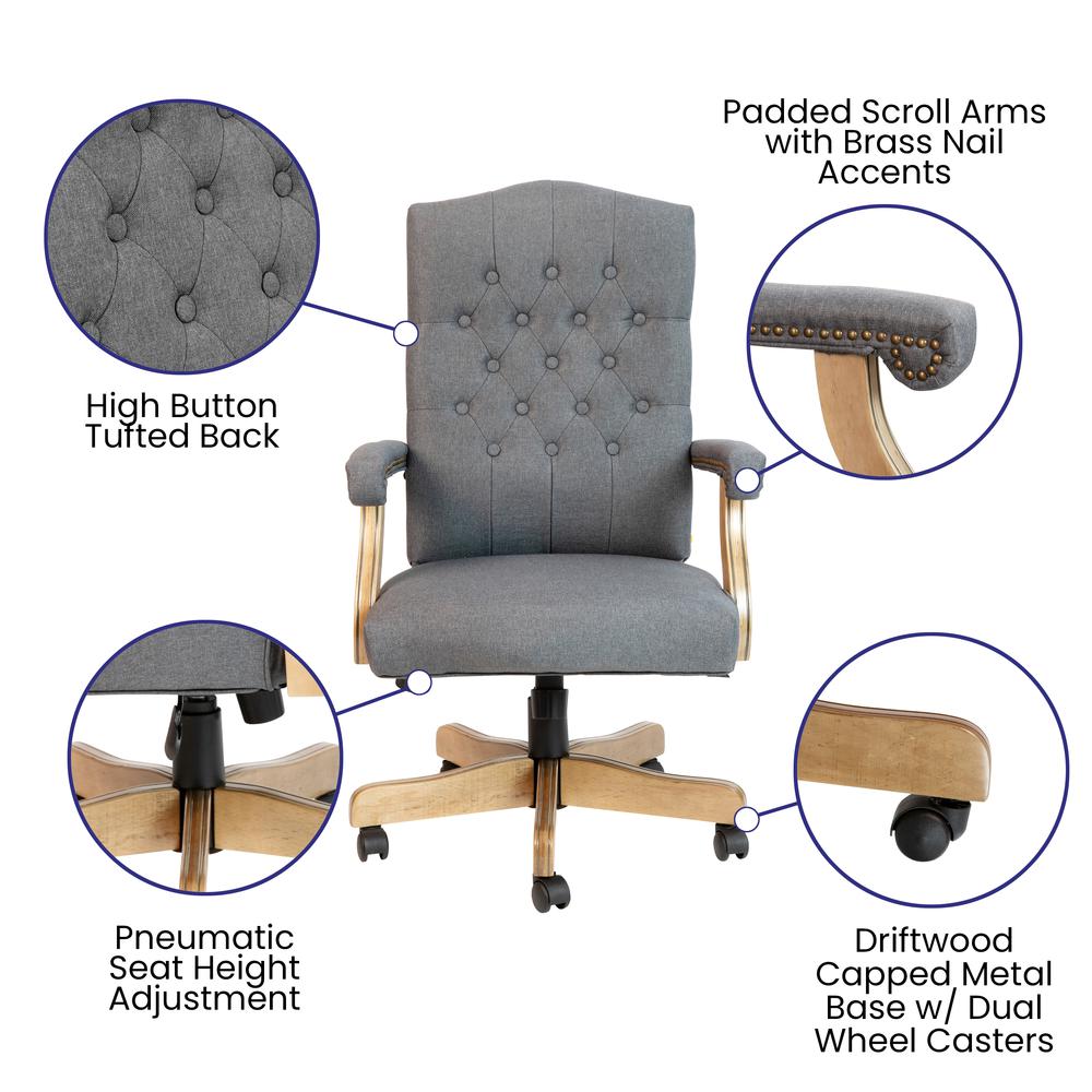 Gray Fabric Classic Executive Swivel Office Chair with Driftwood Arms and Base. Picture 5