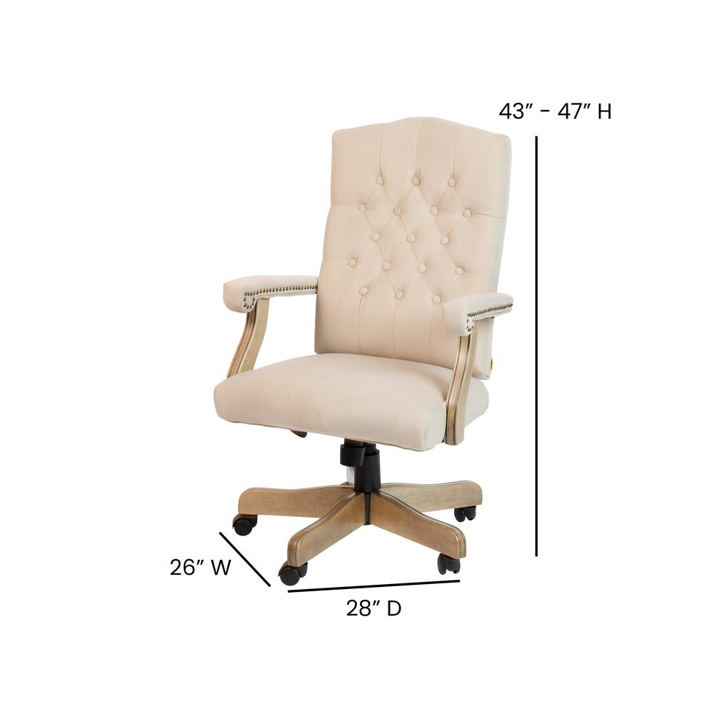 Ivory Microfiber Classic Executive Swivel Office Chair with Driftwood Arms and Base. Picture 6