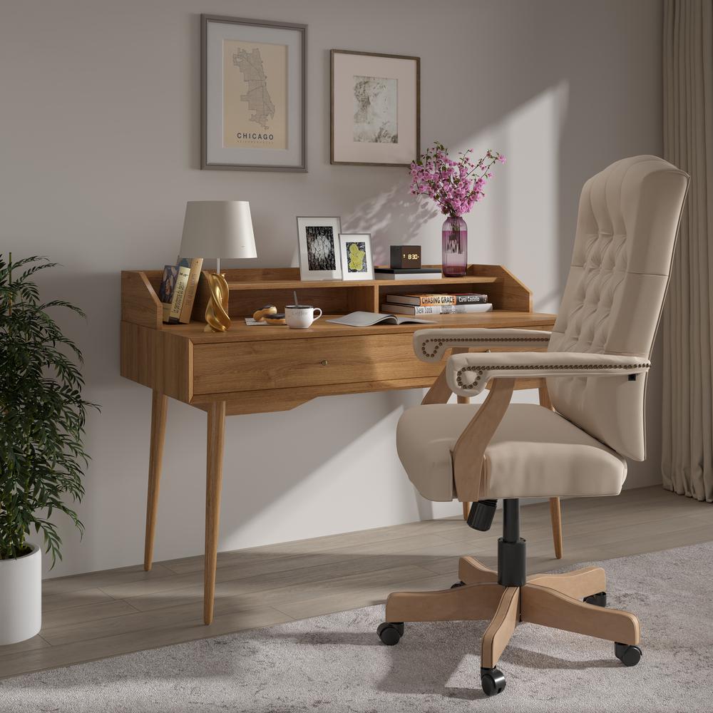 Ivory Microfiber Classic Executive Swivel Office Chair with Driftwood Arms and Base. The main picture.