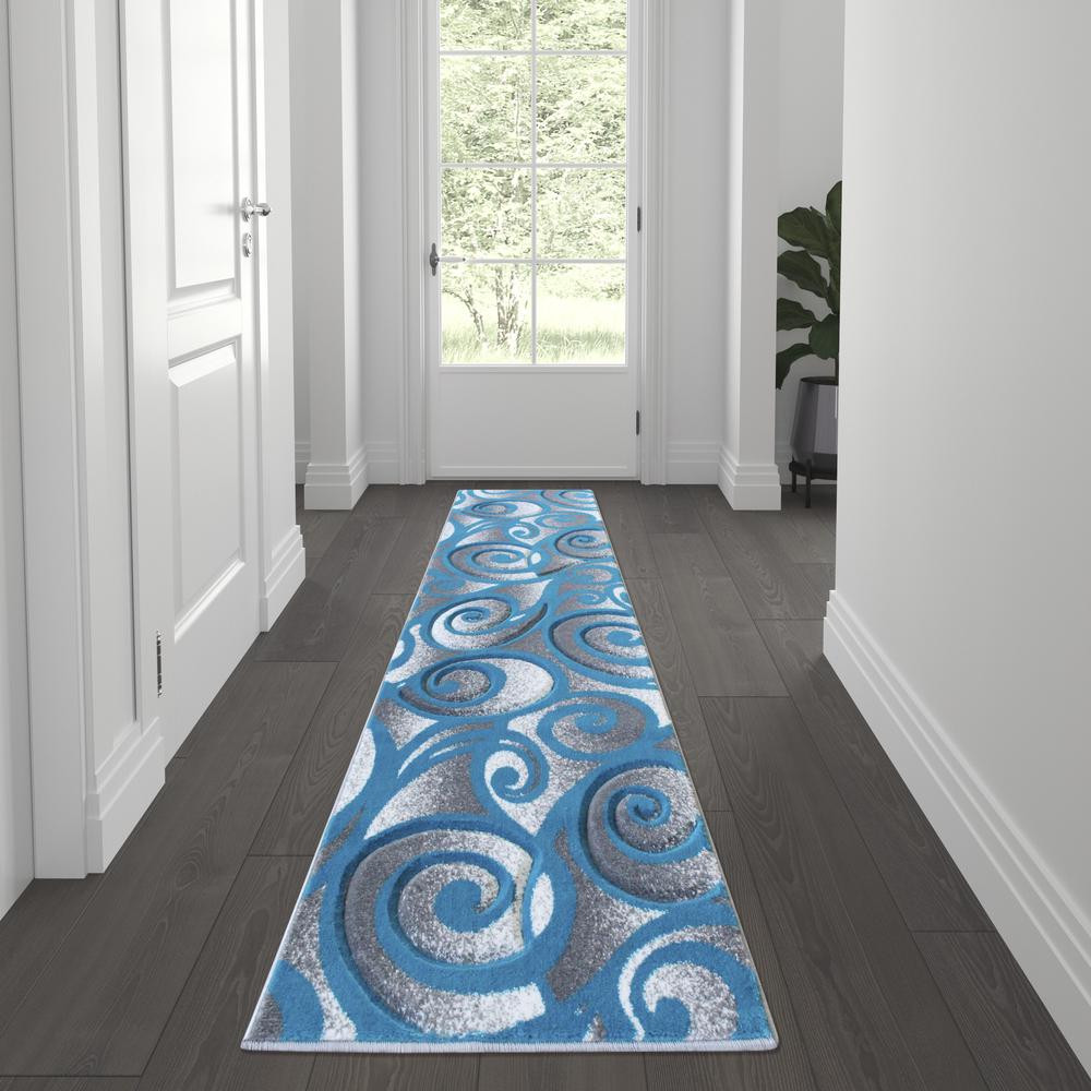 High-Low Pile Swirled 2' x 7' Turquoise Area Rug - Olefin Accent Rug. Picture 2