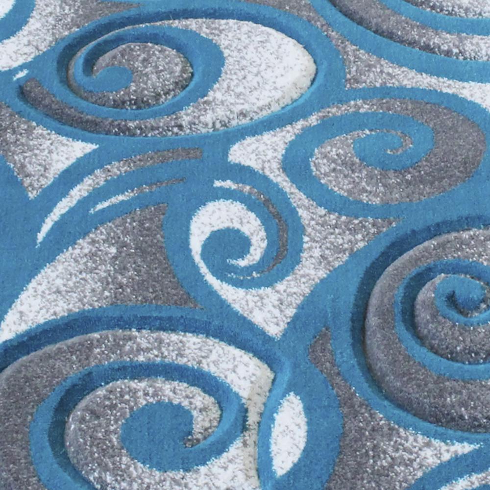 High-Low Pile Swirled 2' x 7' Turquoise Area Rug - Olefin Accent Rug. Picture 6