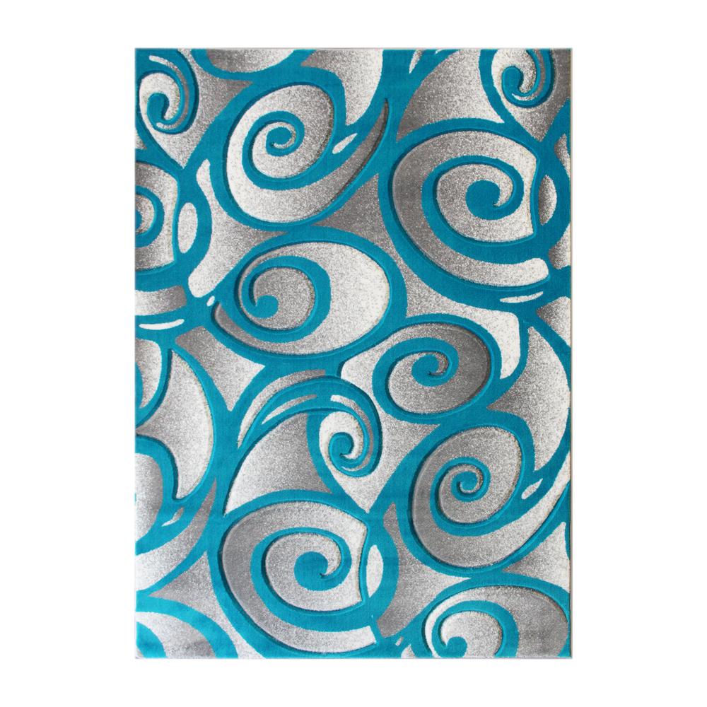 Willow Collection Modern High-Low Pile Swirled 5' x 7' Turquoise Area Rug - Olefin Accent Rug - Entryway, Bedroom, Living Room. The main picture.