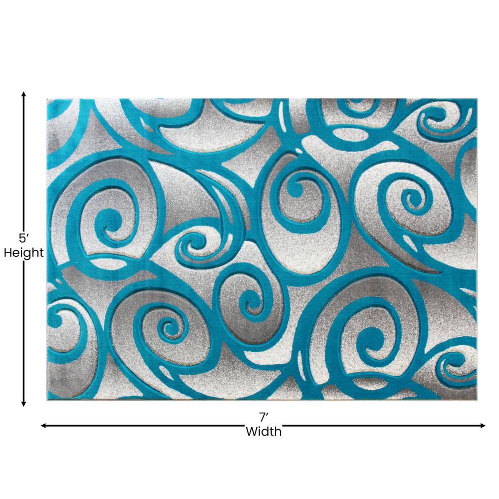 Willow Collection Modern High-Low Pile Swirled 5' x 7' Turquoise Area Rug - Olefin Accent Rug - Entryway, Bedroom, Living Room. Picture 4
