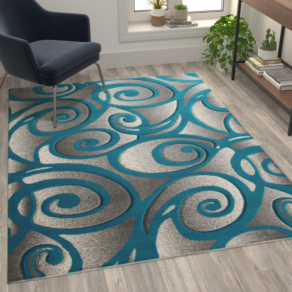 Willow Collection Modern High-Low Pile Swirled 5' x 7' Turquoise Area Rug - Olefin Accent Rug - Entryway, Bedroom, Living Room. Picture 2