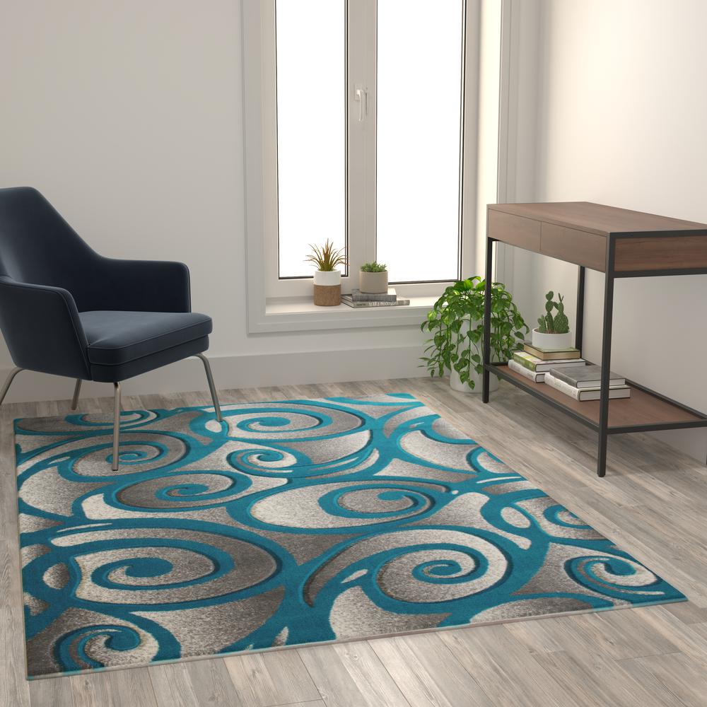 Willow Collection Modern High-Low Pile Swirled 5' x 7' Turquoise Area Rug - Olefin Accent Rug - Entryway, Bedroom, Living Room. Picture 5