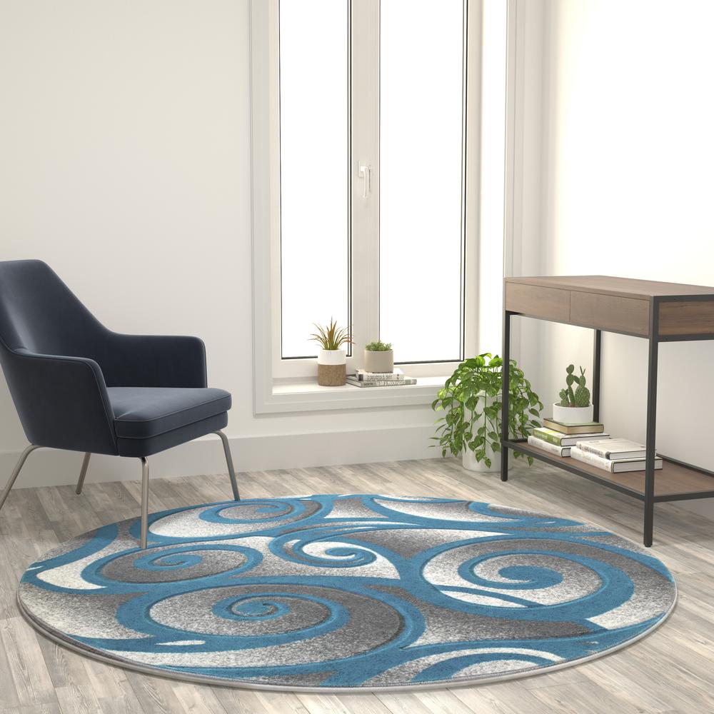 Willow Collection Modern High-Low Pile Swirled 6x6 Round Turquoise Area Rug - Olefin Accent Rug - Entryway, Bedroom, Living Room. Picture 2