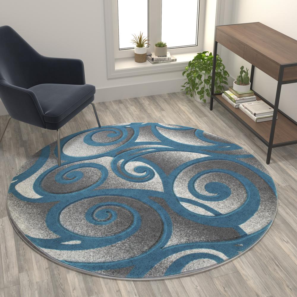Willow Collection Modern High-Low Pile Swirled 6x6 Round Turquoise Area Rug - Olefin Accent Rug - Entryway, Bedroom, Living Room. Picture 5