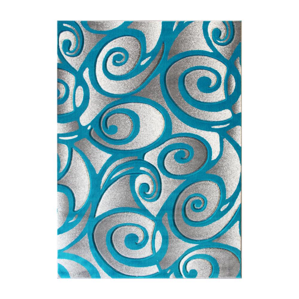Willow Collection Modern High-Low Pile Swirled 8' x 10' Turquoise Area Rug - Olefin Accent Rug - Entryway, Bedroom, Living Room. Picture 1