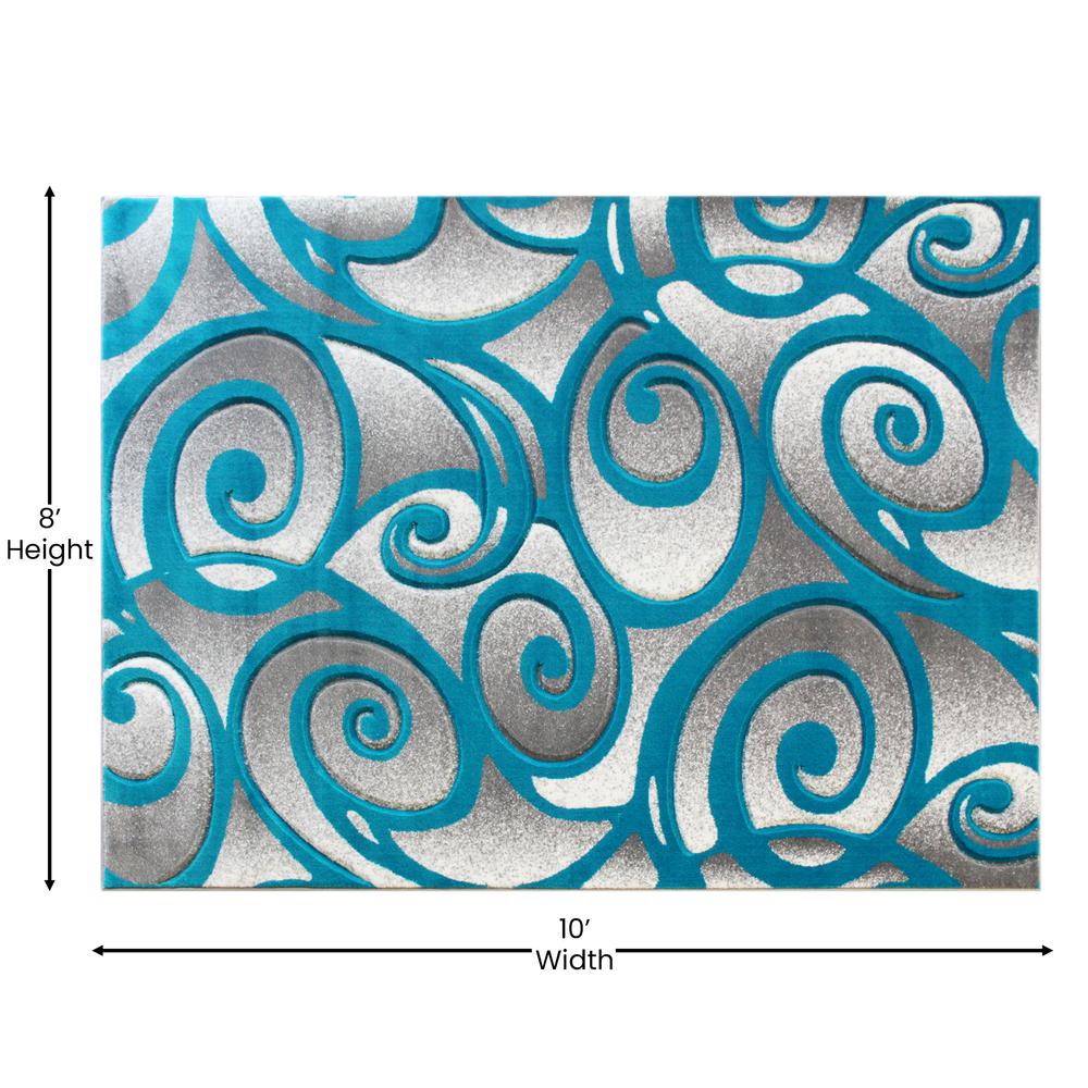 Willow Collection Modern High-Low Pile Swirled 8' x 10' Turquoise Area Rug - Olefin Accent Rug - Entryway, Bedroom, Living Room. Picture 4
