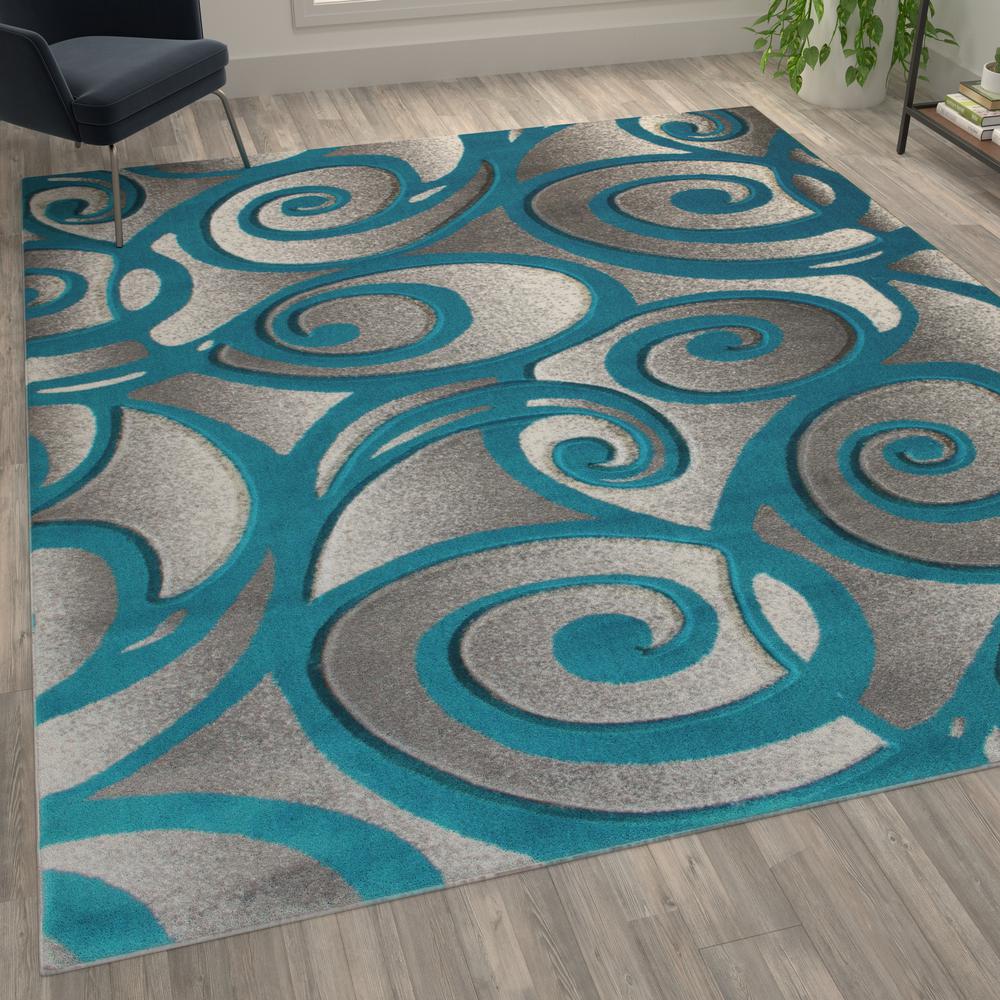 Willow Collection Modern High-Low Pile Swirled 8' x 10' Turquoise Area Rug - Olefin Accent Rug - Entryway, Bedroom, Living Room. Picture 5